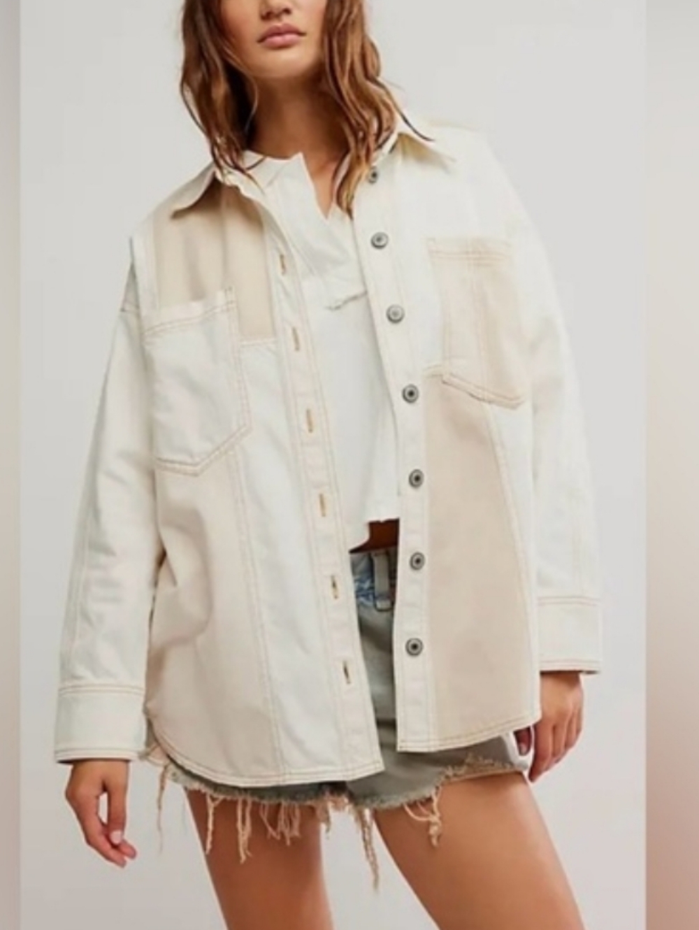 Free People We the Free Mixed Ivory Mountain Roads Denim Shirt XS